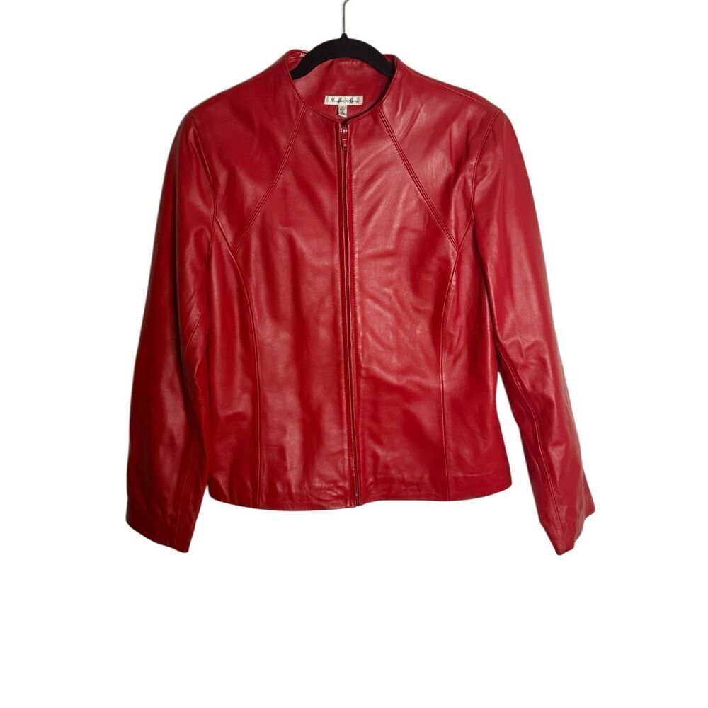 Yvonne De Marie Red Genuine Lambskin Leather Zip Front Jacket Women’s Size 12